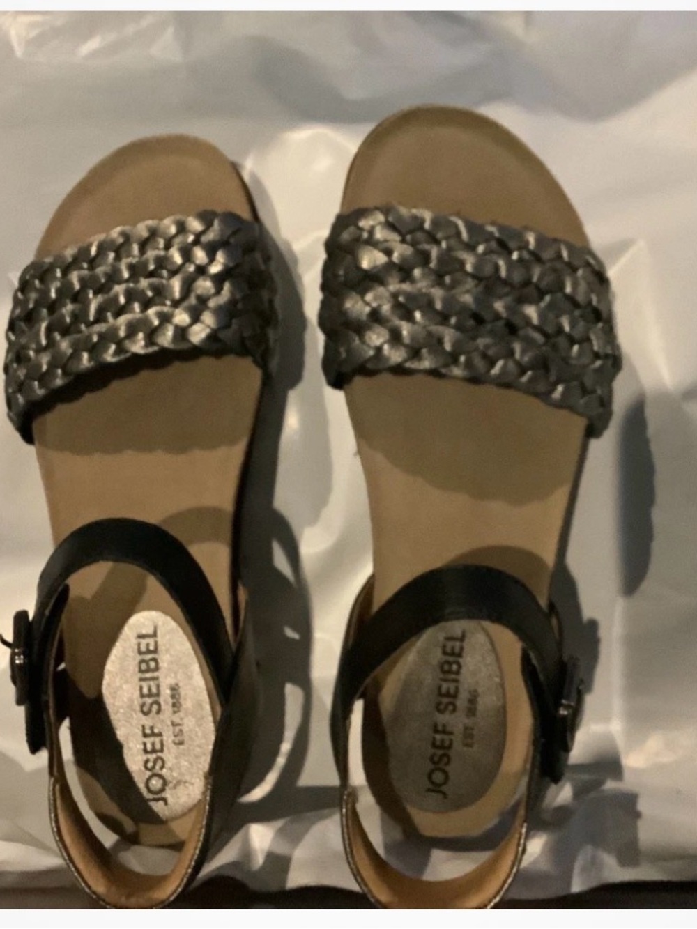 Josef Seibel Braided Metallic and Black Ankle-Strap Sandals